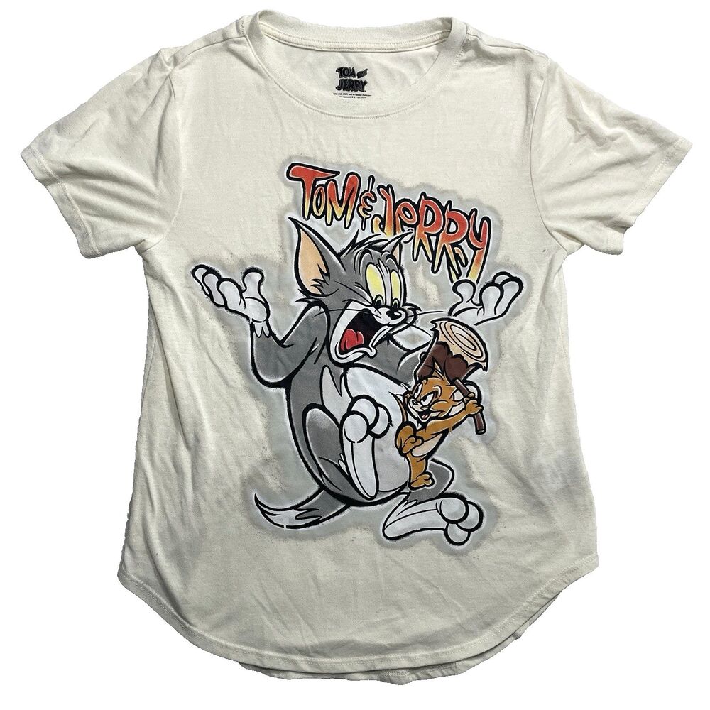 Tom and Jerry Funny Cartoon Graphic Round Hem Shirt Ivory Size Medium